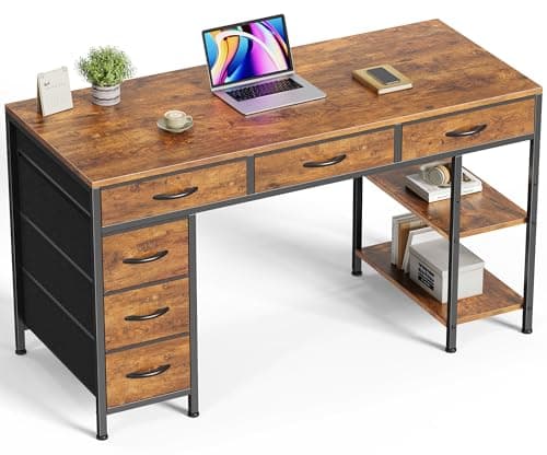 Huuger Computer Desk with 6 Drawers, 47 Inch Office Desk with Shelves, Reversible Gaming Desk, Corner Desk with Storage, Work for Home Office, Study, Living Room, Rustic Brown