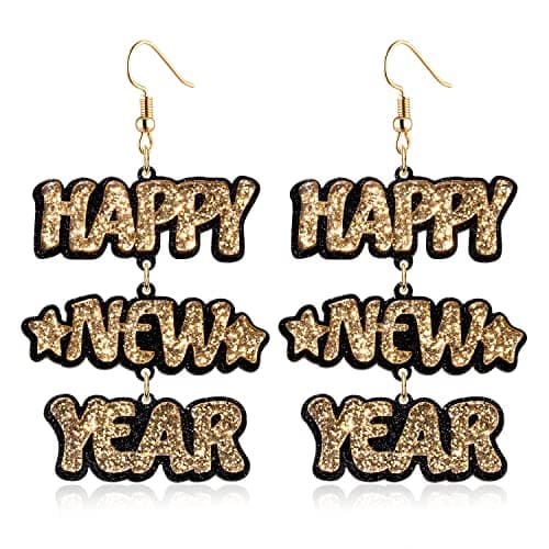 New Years Earrings for Women Acrylic Happy New Years Hook Earrings Glitter Resin Acrylic Statement Letters Drop Dangle Earrings New Year Jewelry Surprise Gift Gold