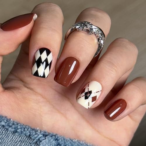 CurvLife Soft Gel Square Press On Nails Short, Long-Lasting Reusable Geometric Brown Black Fake Nails Kit with Glue, 30pcs Salon-Quality Stick On Nails for Women At-Home Manicure