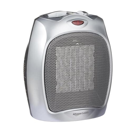 Amazon Basics Ceramic Space Heater, Portable Heater for Indoor Use, for Office and Home, With Overheat and Tip-Over Protection, Thermostat, Non-Oscillating, 1500W, Silver, 7.52"D x 6.34"W x 9.45"H