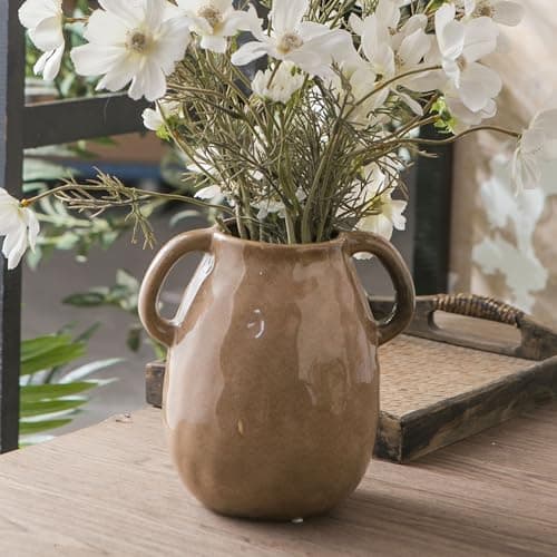 Sowlvenco Ceramic Vase for Home Decor, Rustic Pottery Flower Vase with 2 Handles, Vintage Terracotta Decorative Vases for Flowers, Dried Flower, Centerpieces for Dining Table, 7 Inch, Brown