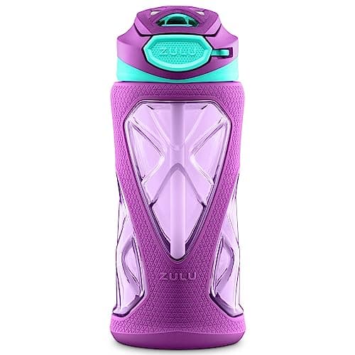 ZULU Torque 16oz Plastic Kids Water Bottle with Silicone Sleeve and Leak-Proof Locking Flip Lid, Soft Touch Carry Loop for School Backpack, Lunchbox, BPA-Free Dishwasher Safe, Purple