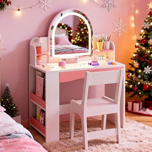Teckid Kids Vanity Table and Chair Set with Lights, Toddler Vanity Desk for Girls, Princess Makeup Vanity for Kids with Storage Shelves, Open Bookshelf and Stools, White