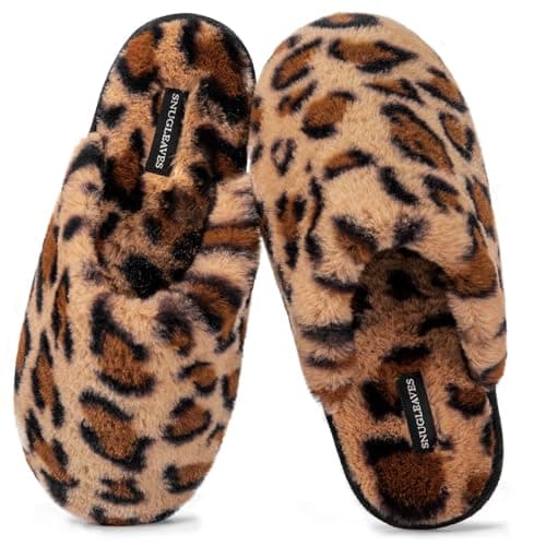 Snug Leaves Women's Fuzzy Scuff Slippers Soft Comfy Memory Foam Non-slip Indoor House Shoes (Cheetah Brown, Size 9-10)