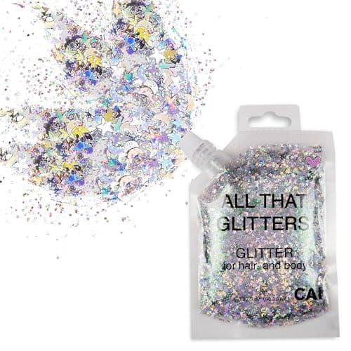 Body Glitter Gel- Face, Body & Hair (1 Pk Silver) Chunky Iridescent Holograph Stars & Moon, 3 oz | Cosmetic-Grade Makeup, Apply Without Glue, Easy to Take Off & Keep Skin Clean - for Concerts, Raves