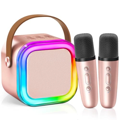【2025 Newest】 Mini Karaoke Machine for Kids Girls & Boys - Portable Bluetooth Speaker with 2 Wireless Microphones - Kids Birthday Gifts for Ages 4-10 - Kids' Instrument Accessories - Rose Gold