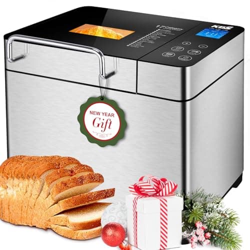 KBS Pro Stainless Steel Bread Machine, 2LB 17-in-1 Programmable XL Bread Maker with Fruit Nut Dispenser, Nonstick Ceramic Pan& Digital Touch Panel, 3 Loaf Sizes 3 Crust Colors, Reserve& Keep Warm Set