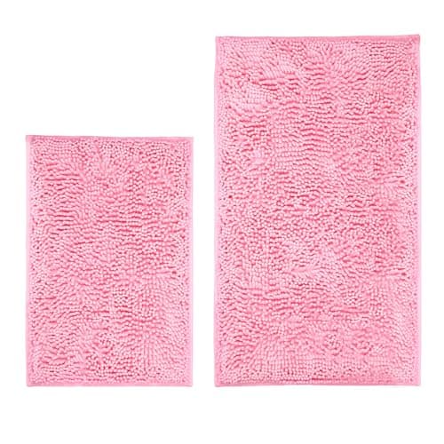 LanYunUmi Pink 2 Pieces Bathroom Rugs, Ultra Soft Non Slip Absorbent Chenille Toilet Bath Mat Set Rugs for Slip-Resistant Shag Extra and Rug Shower Room Machine-Washable Fast (Pink, 20"x32"+16"x24")