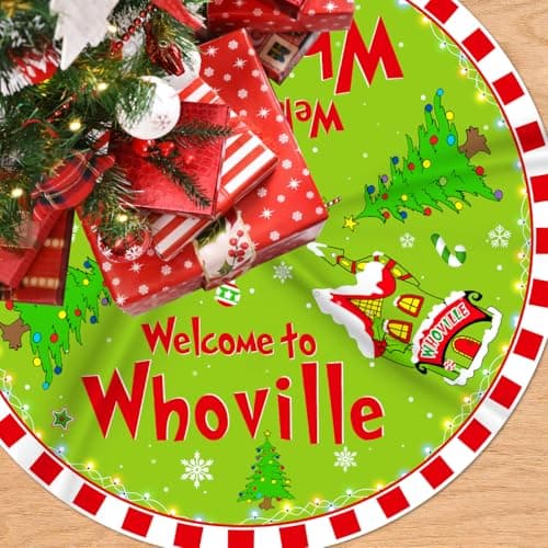 Christmas Tree Skirt Welcome to Whoville Tree Skirt 48 Inch Red and Green Whoville Christmas Decorations Xmas Holiday Home Decor