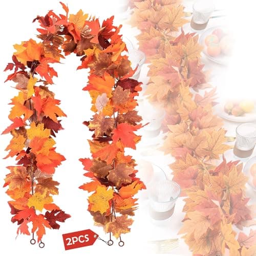 Fall Decor - 2 Pack Fall Garland Maple Leaf - Total 11.8FT Autumn Vine for Fall Home Decor-Thanksgiving, Halloween,Fireplace, Wedding, Christmas Party Hanging Foliage