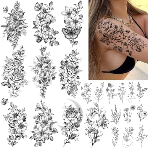 CHARLENT 23 Sheets Flower Temporary Tattoos For Women - Waterproof Realistic Rose Orchid Tattoos Tiny Branch Sketch Fake Tattoos for Women Body Art Arm Neck Hands