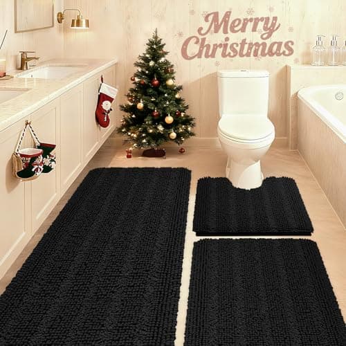 Best Black Bathroom Rugs #10 from ACCUMTEK ACCUMTEK Striped Black Bathroom Rug Set 3 Pieces Ultra Soft, Non Slip Chenille Toilet Mat, Absorbent Plush Shaggy Bath Mats for Bathroom, Bedroom, Kitchen