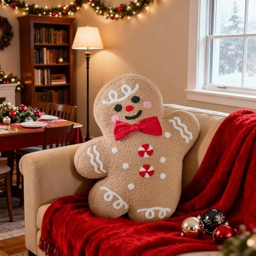 Lanpn Christmas Gingerbread Boy Pillow, Christmas Decoration Winter Throw Pillows Soft Fleece Sherpa Cute 3D Shaped Ginger Bread Man Throw Cushion for Sofa Bedroom Xmas Decor (15.2x18.3 inch)
