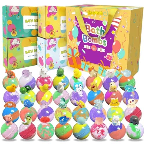 Bath Bombs for Kids with Surprise Inside, 32 Pack Bath Bombs with Land & Sea Animal Toys, Handmade Fizzy Colorful Bubble Children Bath Ball Gift Set for Kids Birthday, Easter Day, Christmas