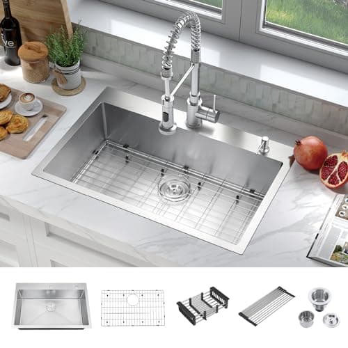ATTOP 33 Inch Large Single Bowl Drop in Kitchen Sink,Nano Coating Stainless Steel Handmade Single Bowl Topmount Kitchen Sink