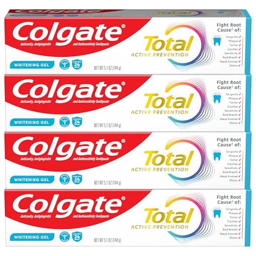 Colgate Total Active Prevention Whitening Gel Toothpaste with Fluoride, Bulk with Clinically Proven Formula That Fights Plaque Bacteria, Mint, 4 Pack, 5.1 oz