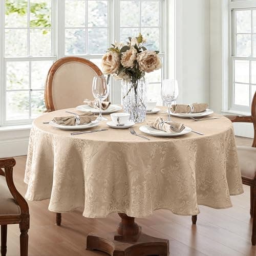 Best Round Tableclothes #5 from Elrene Elrene Home Fashions Caiden Elegance Damask Waterproof, Stain & Wrinkle Resistant Fabric Tablecloth, 70" Round, Taupe