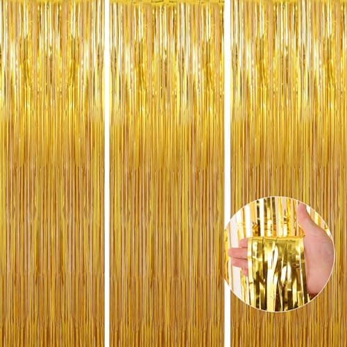 Birthday Party Decorations: 3 Pack 3.3 x 9.9 ft Gold Foil Fringe Curtains Party Supplies, Tinsel Curtain Backdrop for Parties/Birthday/Photo Booth