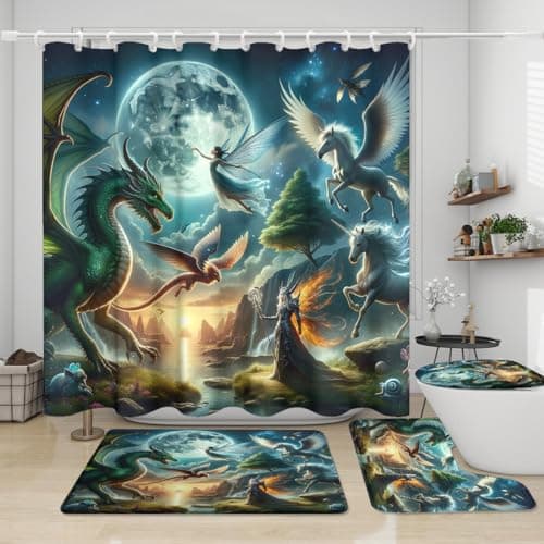 Fantasy Enchanted Forest Dragon Shower Curtain Sets 4 Piece,Vintage Ancient Mid Century Full Moon Wildlife Unicorn Bathroom Decor Sets with Rugs Include Waterproof Non-Slip Toilet Lid Cover Bath Mat