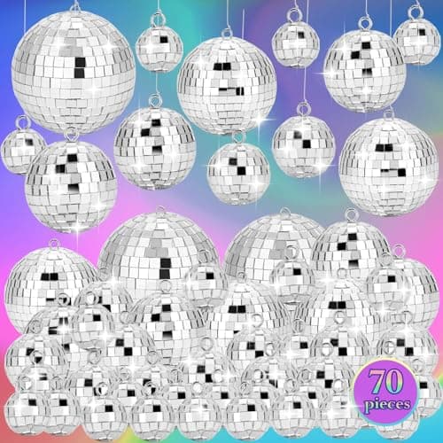 Autanch 70 PCS Disco Ball, 5 Sizes Disco Ball Ornaments, 4/3.2/2.4/2/1.2 Inch Hanging Mirror Ball, Mini Disco Balls Cake Topper Disco Themed Party Wedding Christmas Tree Decor Holiday Party Supplies