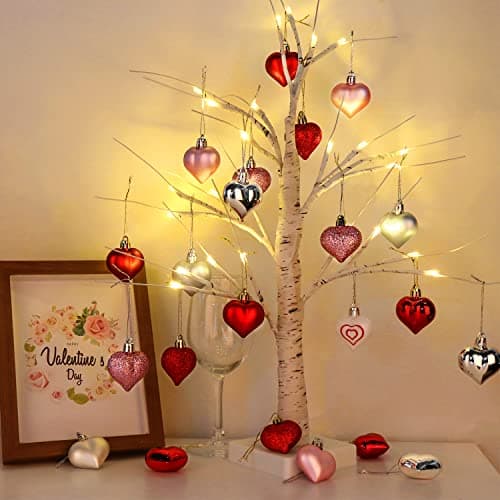 Valentines Day Decor Lighted Birch Tree with 24pcs Heart Ornaments, Valentine Table Decorations White Birch Twig Tree with LED Lights and Cute Heart Decor for The Home Wedding Dinner Gifts