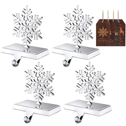 Jetika Christmas Stocking Holders for Mantle Set of 4, Snowflake with Diamond Stocking Hanger for Mantel Weighted Heavy Metal Stocking Hook Stand for Fireplace Counter Window Decoration, 4-Pack