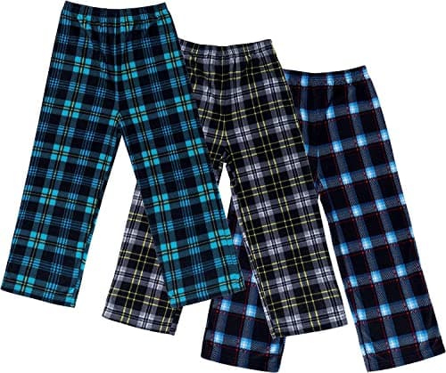 Mad Dog Concepts 3-Pack Boys Pajama Pants - Soft Micro Fleece PJ Bottoms for Kids, Printed Plaid Design - Boy's Sleepwear - Size 6-8, Black/Blue/Teal