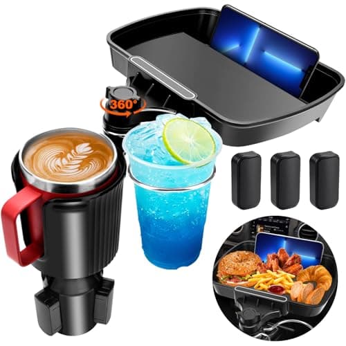 Aucurwen Cup Holder Tray for Car, 360° Rotating Car Tray, Car Food Table Tray for Eating with Solid Base & Phone Slot, Car Cup Holder Expander for Road Trip Essentials for Adults, ATCT-8