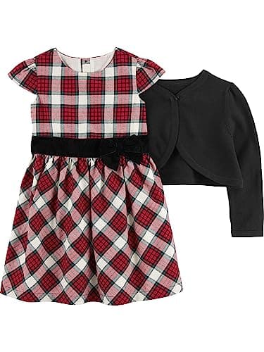 Simple Joys by Carter's Toddler Girls' 2-Piece Special Occasion Dress and Cardigan Set, Pack of 2, Black/Red Plaid, 3T