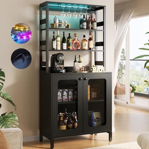 Aheaplus Bar Cabinet with Power Outlets, 67" Tall Wine Bar Cabinet Liquor Cabinets with LED Lights and Glass Holder, Coffee Bars Station for Living Room, Microwave Stand Bakers Rack Cabinets, Black