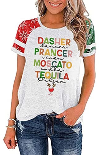 Christmas Reindeer Print Shirts for Women Christmas Eve Cute T Shirts Vacation Graphic Tops Casual Tee(White42,X-Large)