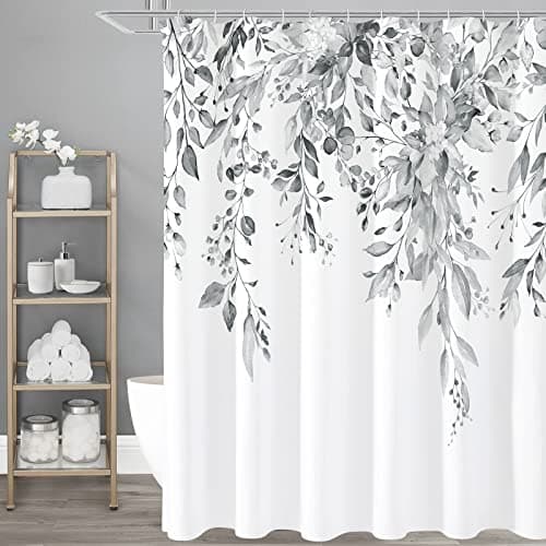 Gibelle Grey Eucalyptus Shower Curtain, Watercolor Plant Leaves with Floral Bathroom Shower Curtain Set, Gray White, 72x72