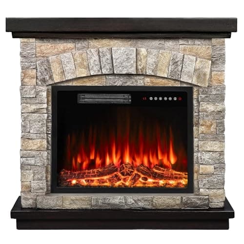 BOSSIN 36" Electric Fireplace with Mantel, 23 inch Electric Fireplace Insert, TV Stand Freestanding Heater with Remote Control Timer LED Flame for Living Room Bedroom,Faux Stone Gray