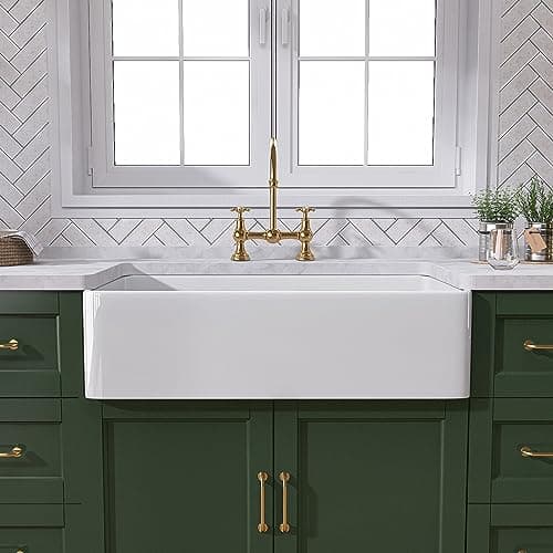 TUKTUK White Farmhouse Sink 30 Inch Farm Sink Fireclay Apron Front Single Bowl Kitchen Sinks Deep Drop In Undermount Kitchen Sink Luxury Modern Style Accessory Kit Included