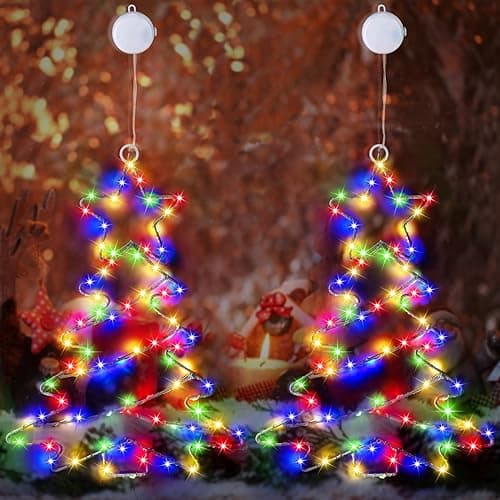 Christmas Window Lights, Qulist 2 Pack Lighted Metal Framed Xmas Tree Shaped Christmas Decorations with Suction Cups, Battery Operated Hanging Window Silhouette Indoor Lights for Home Decor