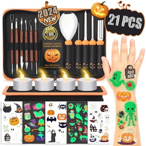 Upgraded 21 PCS Pumpkin Carving Kit for Adults & Kids with Professional Detail Sculpting Tools, Heavy Duty Stainless Steel Knife Set with Carrying Case for Halloween Decoration