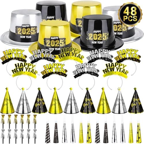 48PCS New Years Eve Party Supplies, New Years Hats for 24 Guests, Happy New Year Headband, Gold Black New Years Eve Party Favors Cone Hats Horns Blowouts New Years Accessories in Plastic Cardboard