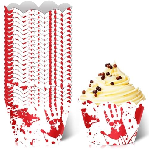 24pcs Halloween Cupcake Wrapper Pick for Handprint Footprint Help Run Detective Fantasy Horror Scream Party Theme Decor Supplies Men Women Boys Girls Birthday Party Decoration