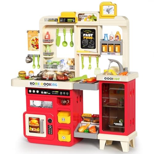 Pupu Pig Kids Kitchen Playset, Play Kitchen with Stove, Grill, Sink, Play Food, ToyKitchen Accessories, Cooking Kitchen with Lights Sound Steam, Pretend Play Toys for Kids Toddler