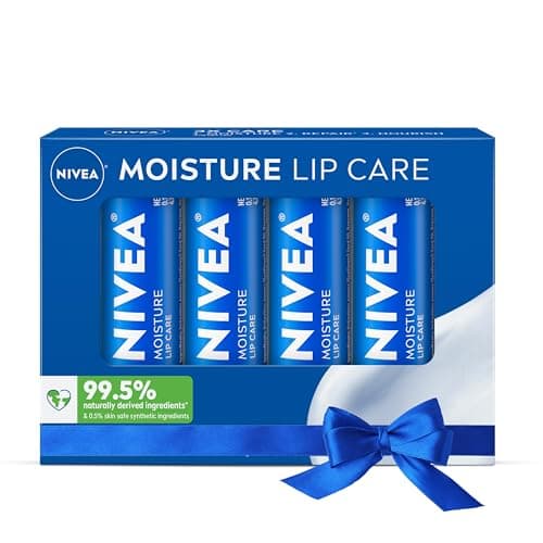 NIVEA Moisture Lip Care, Hydrating Lip Balm with Shea Butter, Nourishing Oils and Vitamin C & E, 3-in-1 Moisture, Repair and Nourish, Holiday Gifts for Self Care, 0.17 Oz Stick, Pack of 4