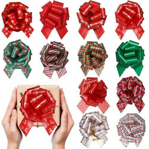 Yokodaza 12 Pcs Large Christmas Bows for Gift Wrapping, 5 inch Double-Sided Xmas Pull Bows Christmas Ribbon for Presents, Tree, Wine Bottles, Festive Decorations - Mix Colors