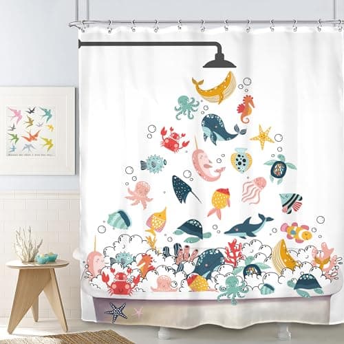 SVBright Funny Kids Shower Curtain 60Wx72L Inch Whale Ocean Dolphin Cute Animal Raining Fish Colorful Sea Jellyfish Cartoon Octopus 12 Pack Hooks Polyester Waterproof Fabric Bathroom Bathtub Panels