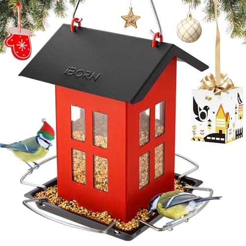 iBorn Bird Feeder House, Metal Bird Feeders for Outdoors Hanging,Double-Sided Metal Hanger & Weatherproof, Easy to Clean & Refill, 1.5 Lbs Capacity, Red