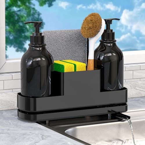 FUNKYLEE Kitchen Soap Dispenser Set, Dish Soap Dispenser with Sponge Holder, 4-in-1 Kitchen Dual Soap Dispenser Set for Kitchen Sink, Bathroom, Include Sponge, Dish Brush - Black