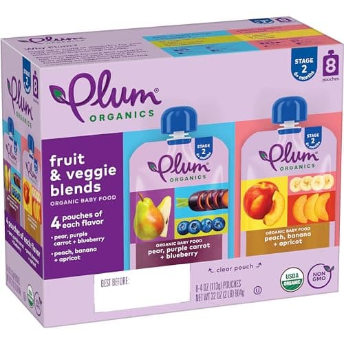 Plum Organics Stage 2 Organic Baby Food - Fruit and Veggie Variety Pack - 4 oz Pouch (Pack of 8) - Organic Fruit and Vegetable Baby Food Pouch