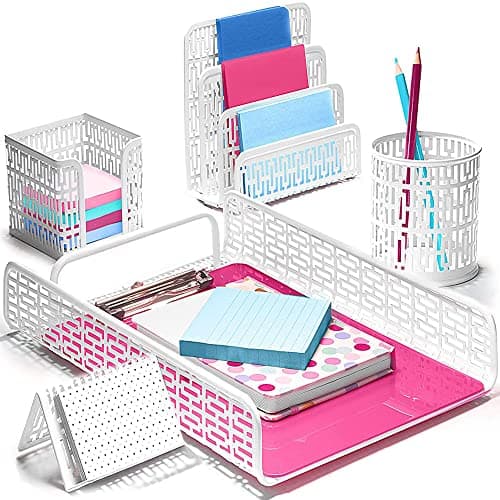 Aesthetic Desk Organizer Set - 5 Piece White Desk Organizers and Accessories for Stylish Desk Organization and Office Desk Organizer - Cute Dorm Desk Essentials Organizer, Teacher Desktop Organizer