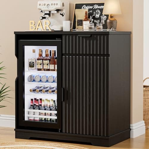 Aauro Home Fluted Wine Bar Cabinet with Fridge (Fridge Included), 47" Coffee Bar Cabinet with Wine Rack and Glass Holder, Liquor Cabinets with Drawer & Storage, Home Bar for Dining Room Kitchen, Black