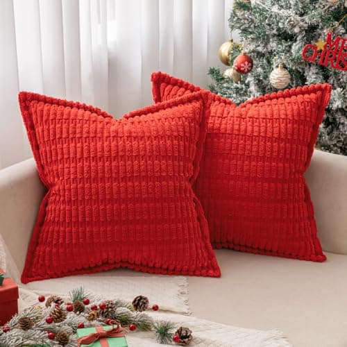 MIULEE Red Corduroy Decorative Throw Pillow Covers Pack of 2 Soft Striped Pillows Pillowcases with Broad Edge Winter Modern Boho Home Decor for Couch Sofa Bed 18x18 Inch