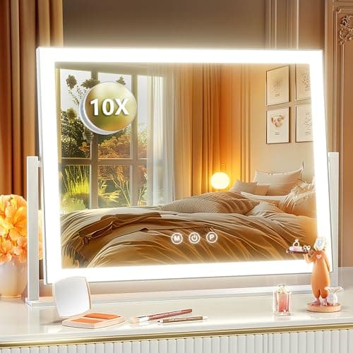 Gvnkvn Lighted Makeup Mirror, 17.3"x13" Hollywood Vanity Mirror with Led Lights, Three Color Lighting Modes, and 5X Magnification Mirror, Smart Touch Control, 360°Rotation (White, Gift Box)