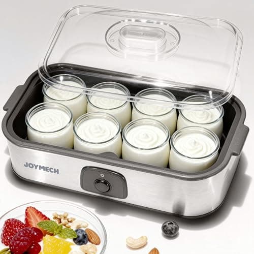 JoyMech Yogurt Maker Machine, 8 Glass Jars with Lids Reusable for Yoghurt, Oatmeal, Pudding, or Jello, Food-Grade Martial, One-touch Control, Homemade Yogurt